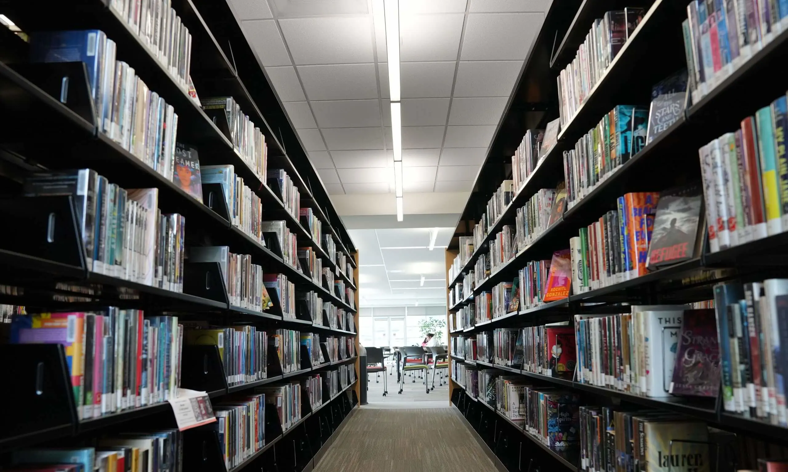 Cassin Library aisle lined with a variety of colorful books on dark shelves, leading to a bright, seating area in the background. Calm and inviting atmosphere.
