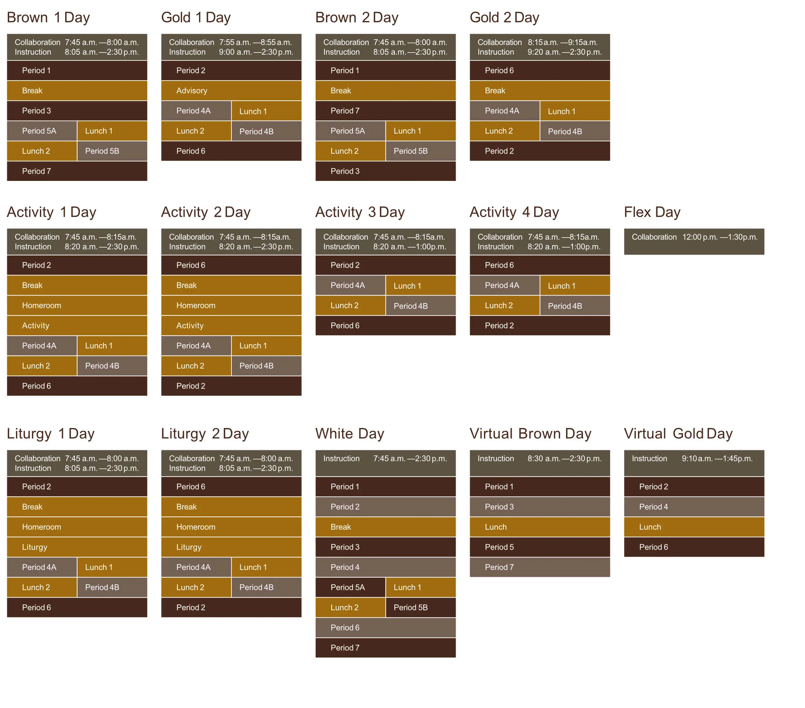 Image gallery of all day types leading with Gold Day, Brown Days, Liturgy Days, Activity Days then the other special days.