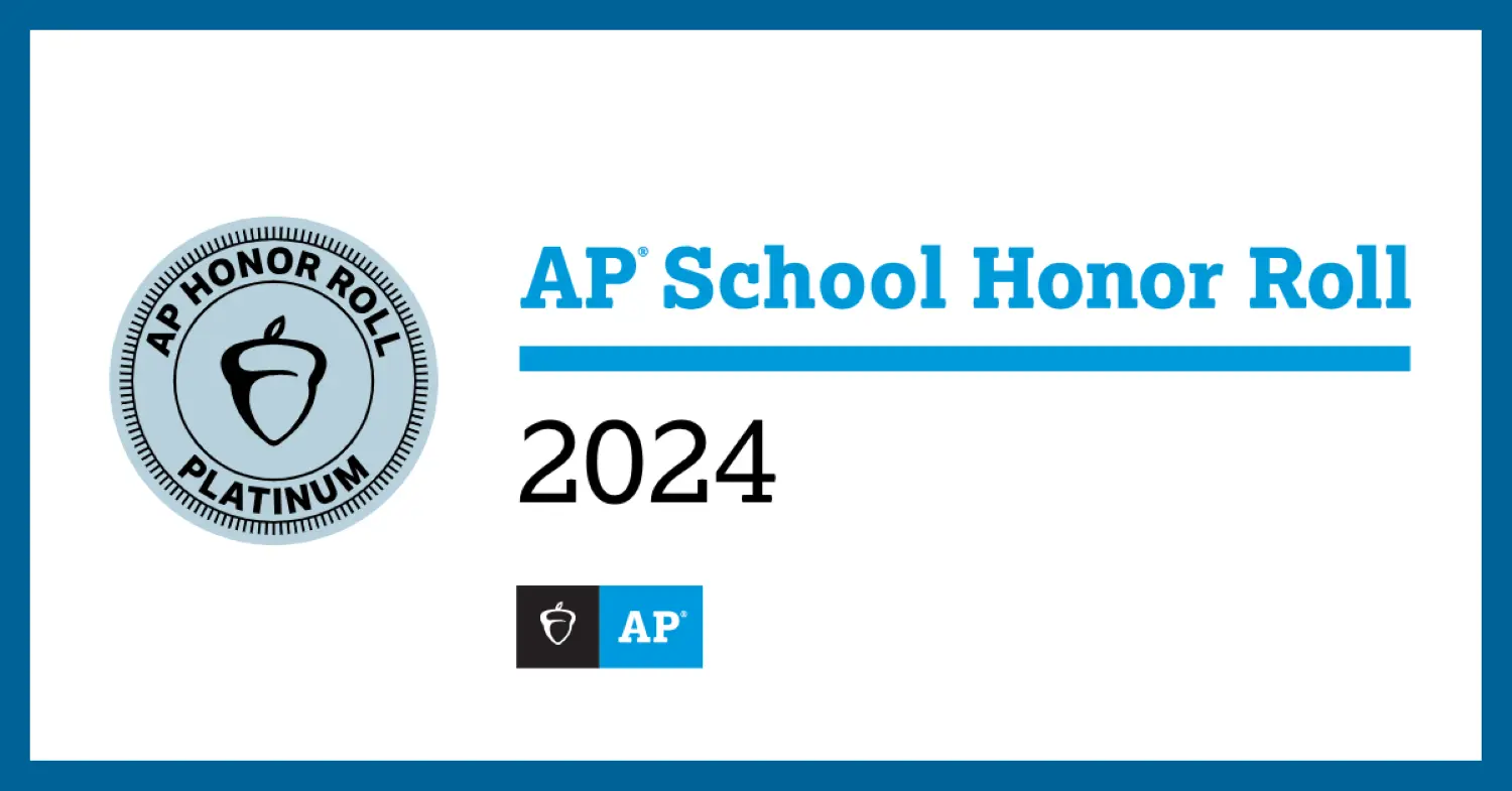 AP School Honor Roll 2024 certificate in blue and white with a platinum seal featuring an acorn icon. Includes AP logo at the bottom.