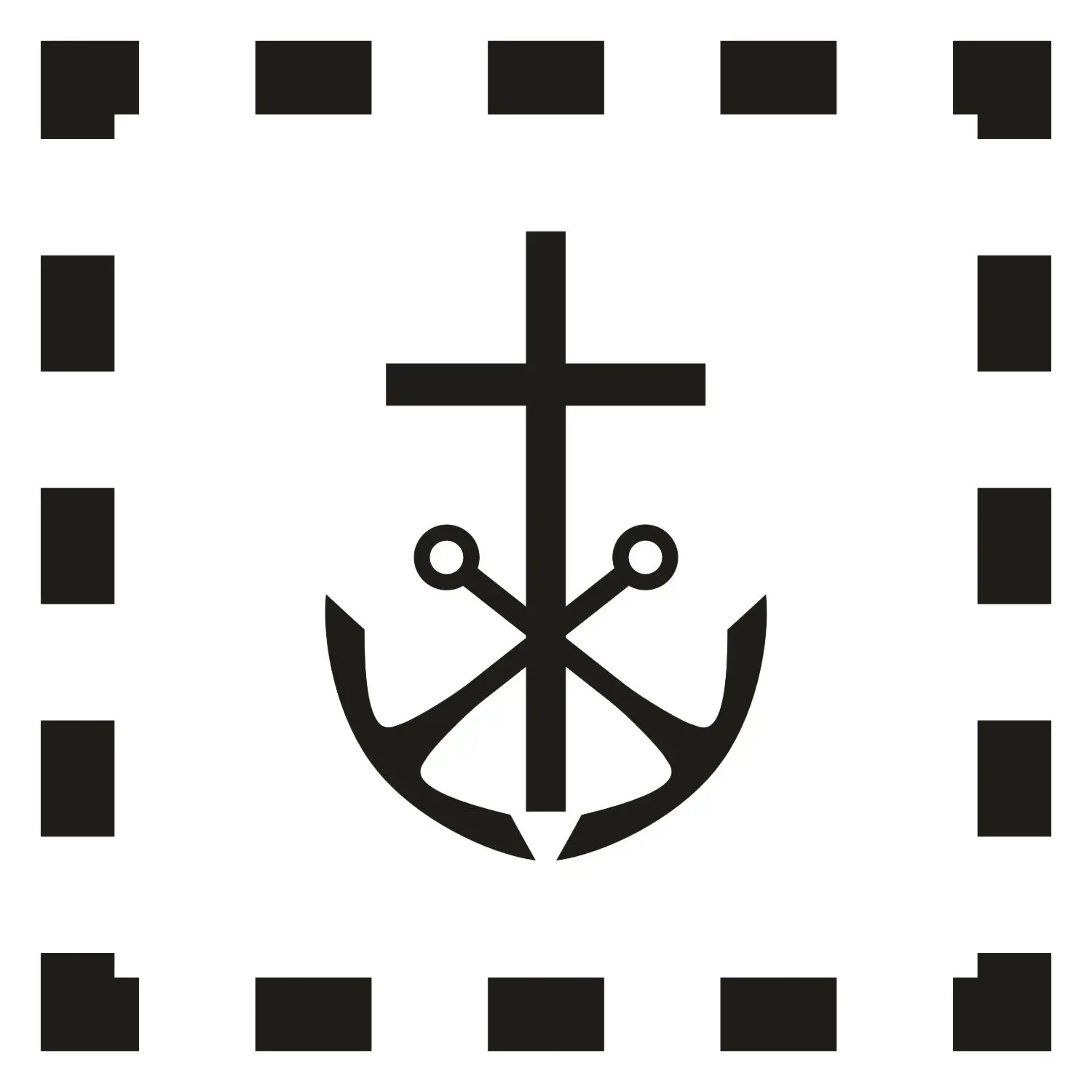 Icon of cross and anchor surrounded by a dashed box.