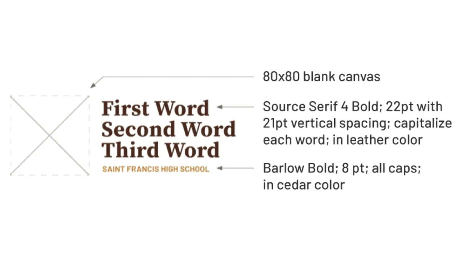 Layout of an activity logo: 80x80 blank canvas on the left, on the right is the club name in Source Serif 4 Bold; 22pt with 21pt vertical spacing; capitalize each word; in leather color, under the club name is Saint Francis High School in Barlow Bold; 8 pt; all caps; in cedar color.