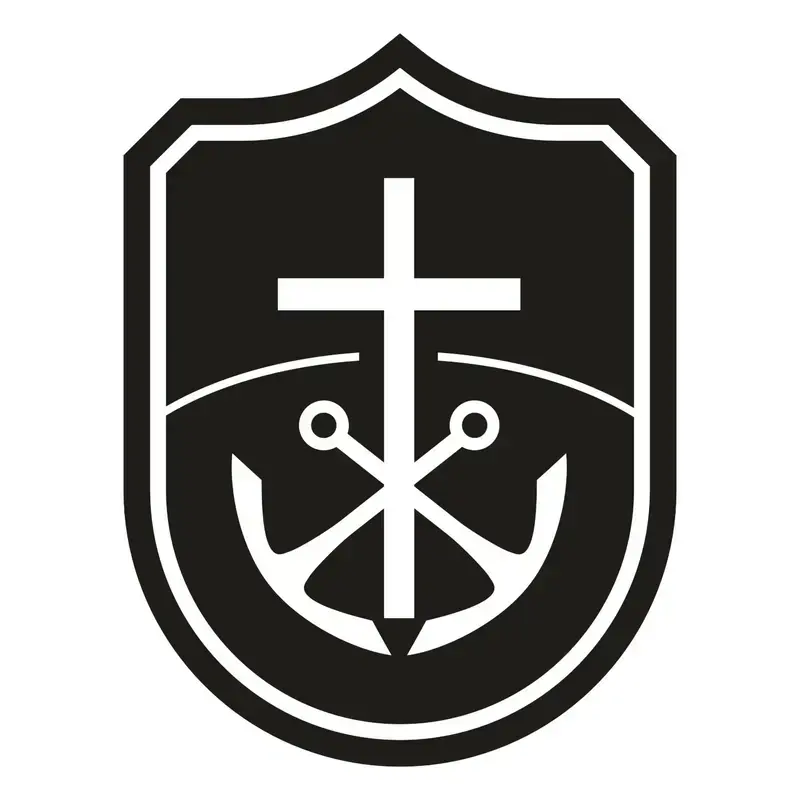 Icon of shield with cross and anchor in a single color.