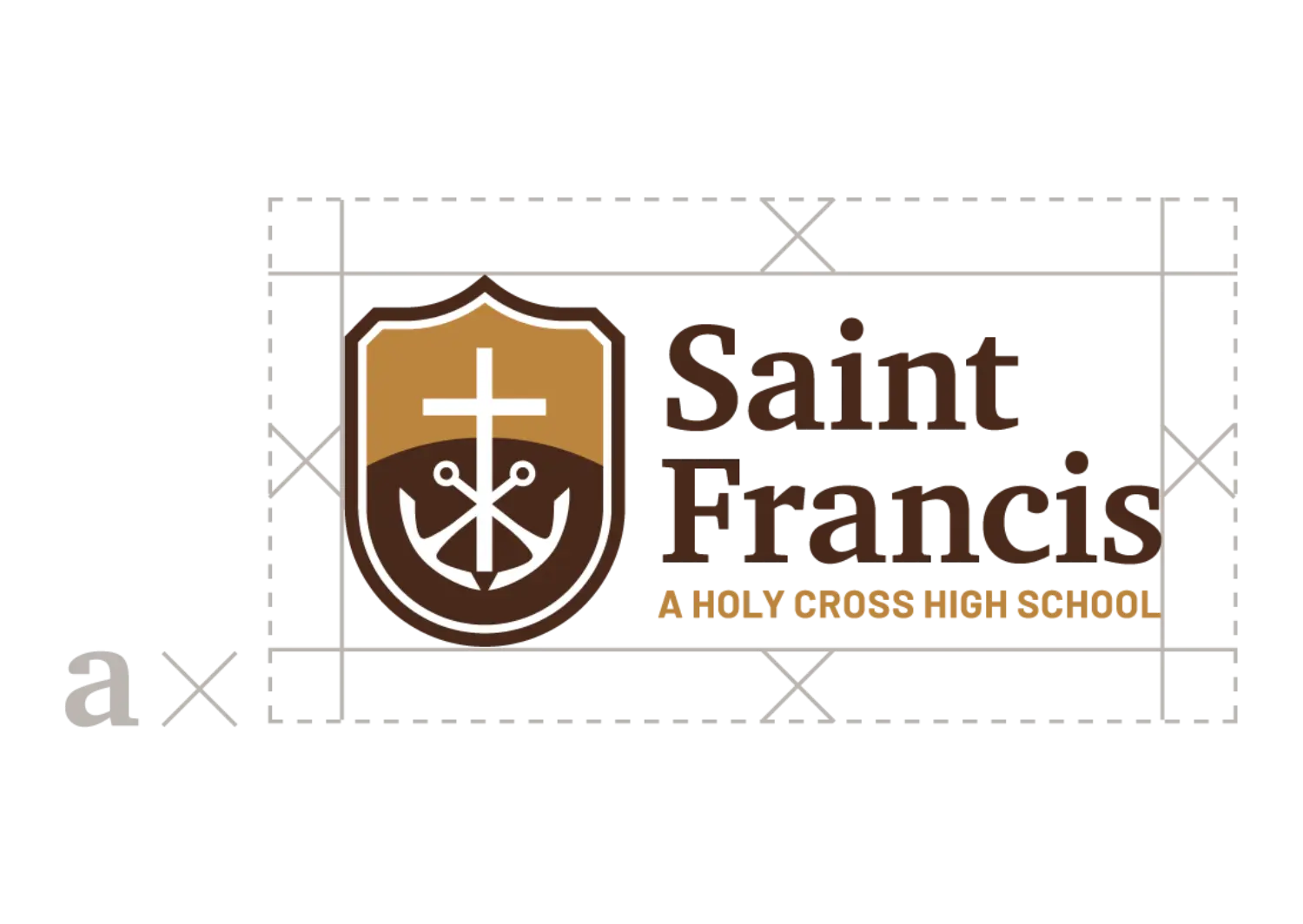 Demonstrating the safe space to keep around the horizontal version of the school logo is equivalent to the x-height of the lower-case letter in the logo