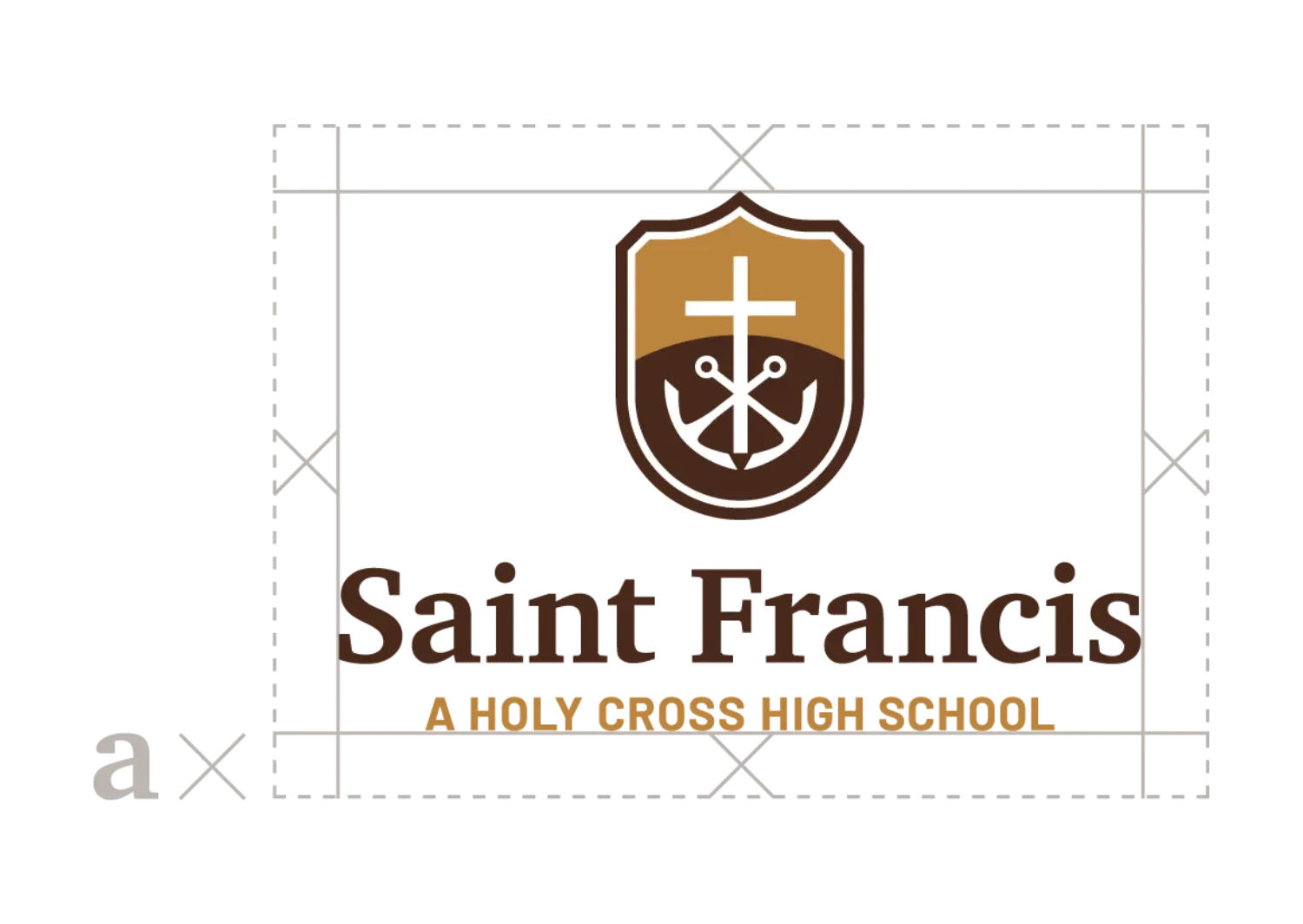 Demonstrating the safe space to keep around the stacked version of the school logo is equivalent to the x-height of the lower-case letter in the logo