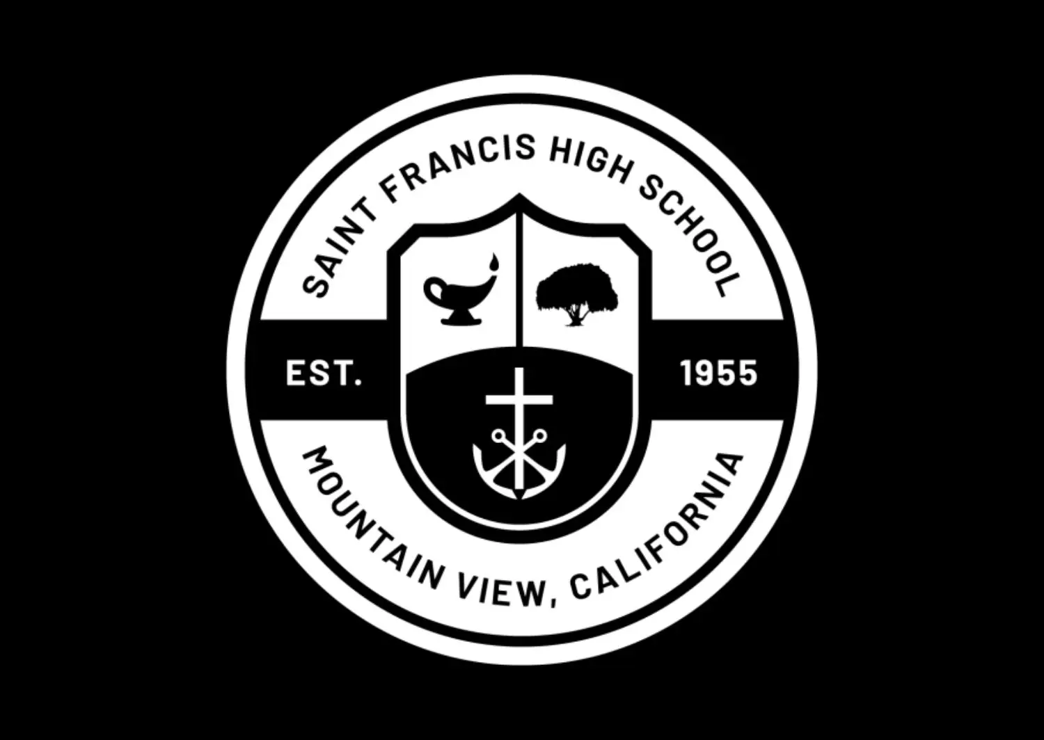 The school seal in a single color on a black background.