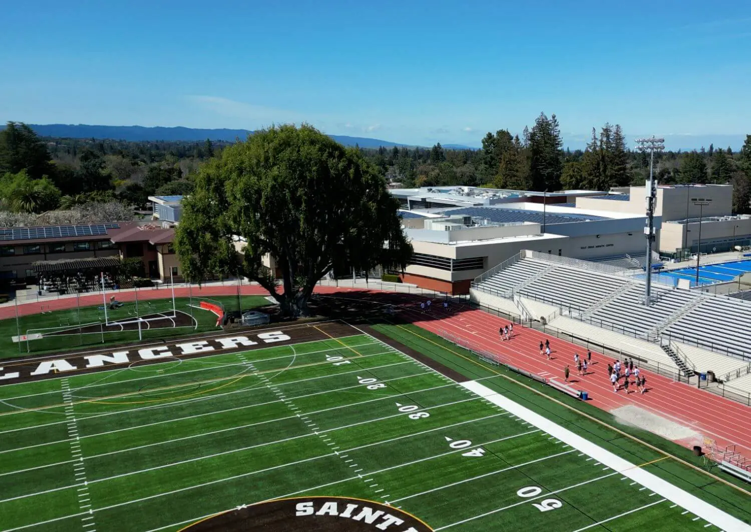 Aerial photo of the school side end zone centering on the Bay Tree which serves as a focus of Calcagno Stadium.