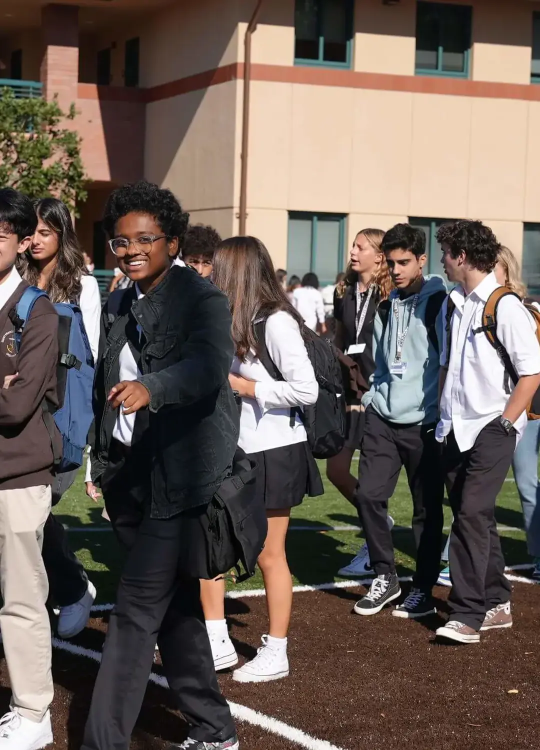 Students on campus during a passing session between classes.